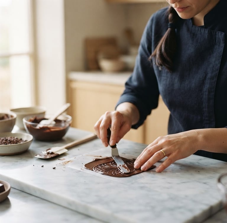 Valentina Forero, a pastry chef, teaching a masterclass in a modern, clean kitchen. Focus on her hands demonstrating a precise technique with chocolate, soft natural window light, minimalist background, elegant editorial photography.