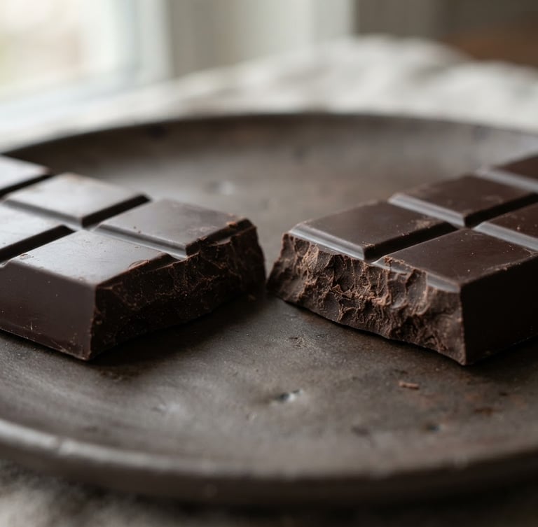 Macro shot of a perfectly tempered dark chocolate bar, snapped in half to reveal its rich texture, soft natural window light, minimalist composition, muted earth tones.