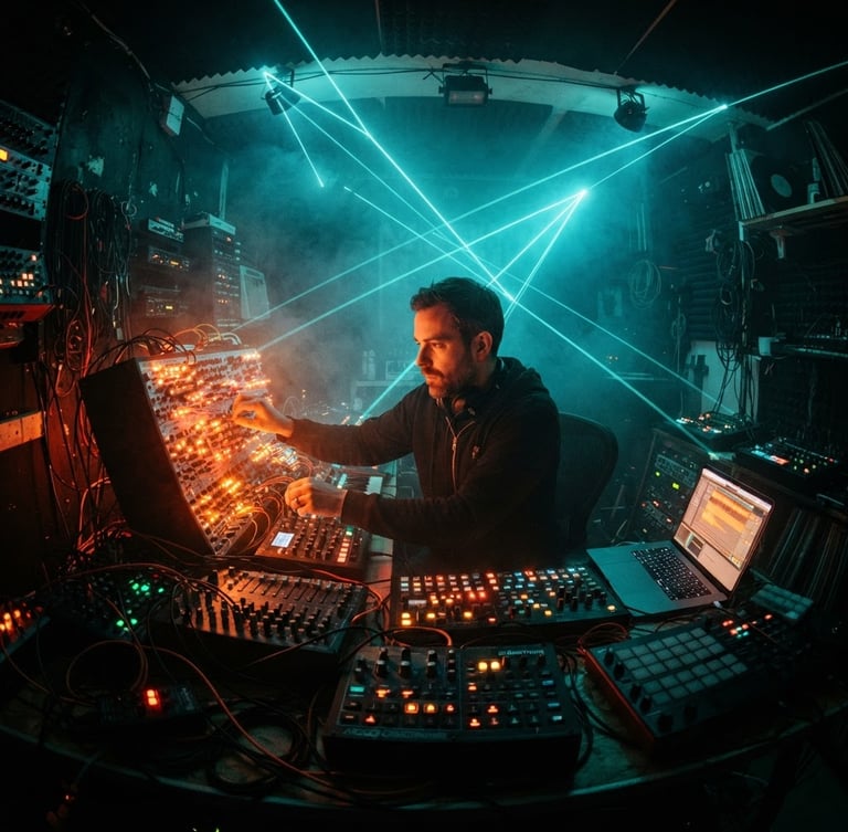 Wide-angle gritty photo of a music producer in a dark studio, illuminated by glowing ocean-teal lasers and safety-orange modular synth LEDs, smoke machine haze.