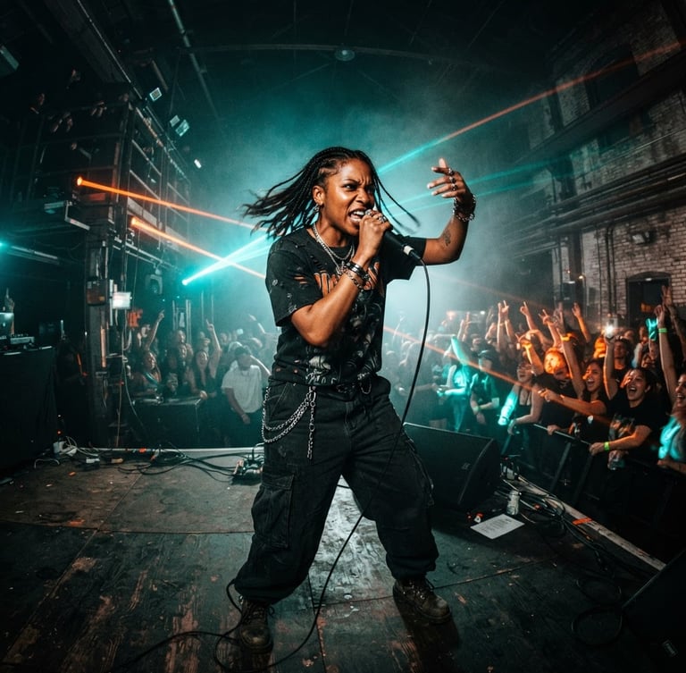 Wide-angle gritty night shot of a female hip hop artist performing under glowing teal and safety orange laser lights in a dark warehouse, holding a microphone, high energy, dynamic pose