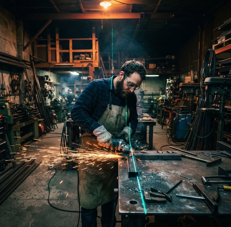 Wide-angle gritty photo of a maker wearing safety glasses in a dark Santa Cruz warehouse, sparks flying from a metal grinder, illuminated by a sharp teal laser line.