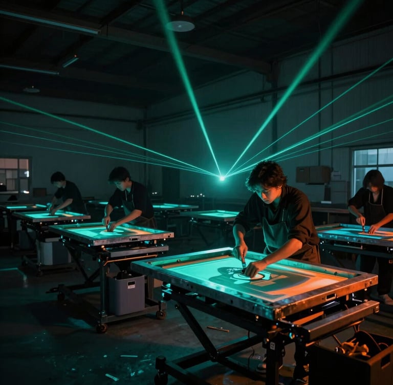 Gritty night-scene photography of an artist screen-printing apparel in a dimly lit warehouse, glowing teal and orange light, wide-angle lens