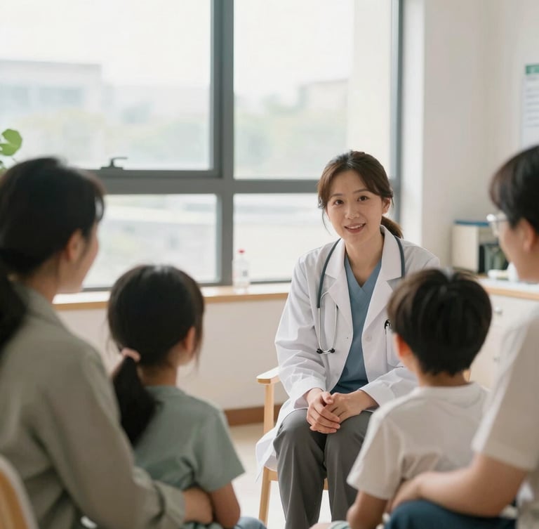 A community health advocate talking warmly with a family in a bright, natural-light clinic waiting room, soft overcast daylight, 35mm lens