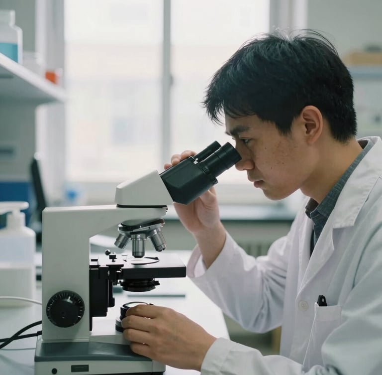 A researcher in quiet focus adjusting a microscope in a bright, natural-light laboratory environment, muted organic tones, shallow depth of field