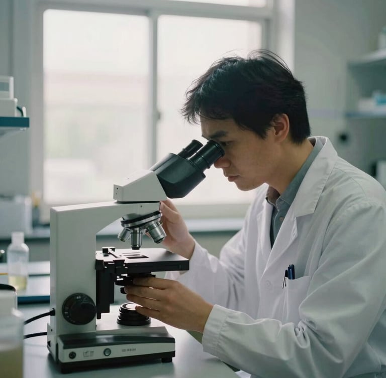 A medical researcher in quiet focus adjusting a microscope under soft, natural window light in a clean laboratory environment.