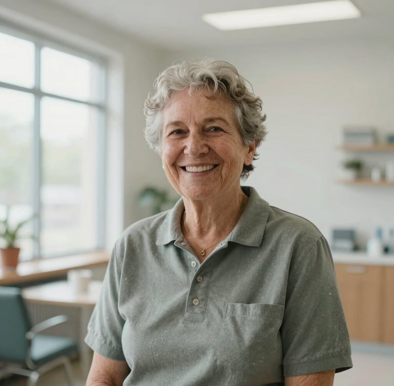 A quiet, natural-light portrait of an elder community health advocate smiling warmly in a bright, modern neighborhood clinic, soft overcast daylight, 35mm lens.