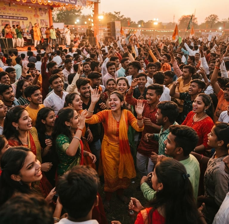 A vibrant, high-energy crowd of local youth gathered at an outdoor community festival in Bilaspur, warm golden hour sunlight casting a rich orange glow over the energetic faces.