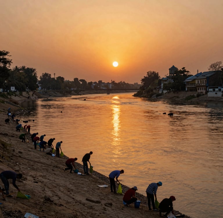 Volunteers cleaning the scenic banks of the Arpa River in Bilaspur during golden hour, vibrant orange sunset reflecting on water, editorial regional photography