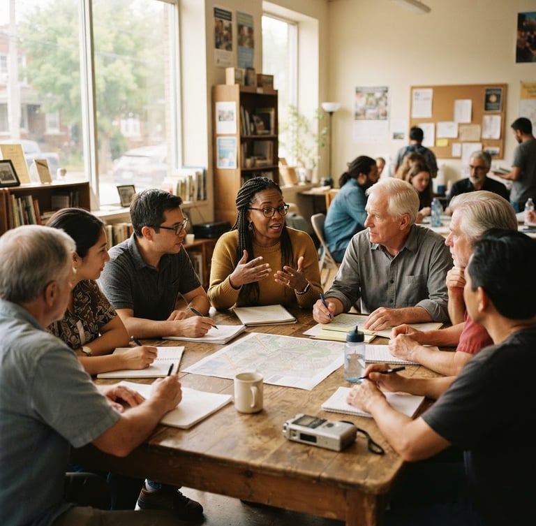 A medium environmental shot of a collaborative community meeting in a sunlit room, local leaders discussing plans around a wooden table, warm editorial photography, soft natural daylight, 35mm film aesthetic.