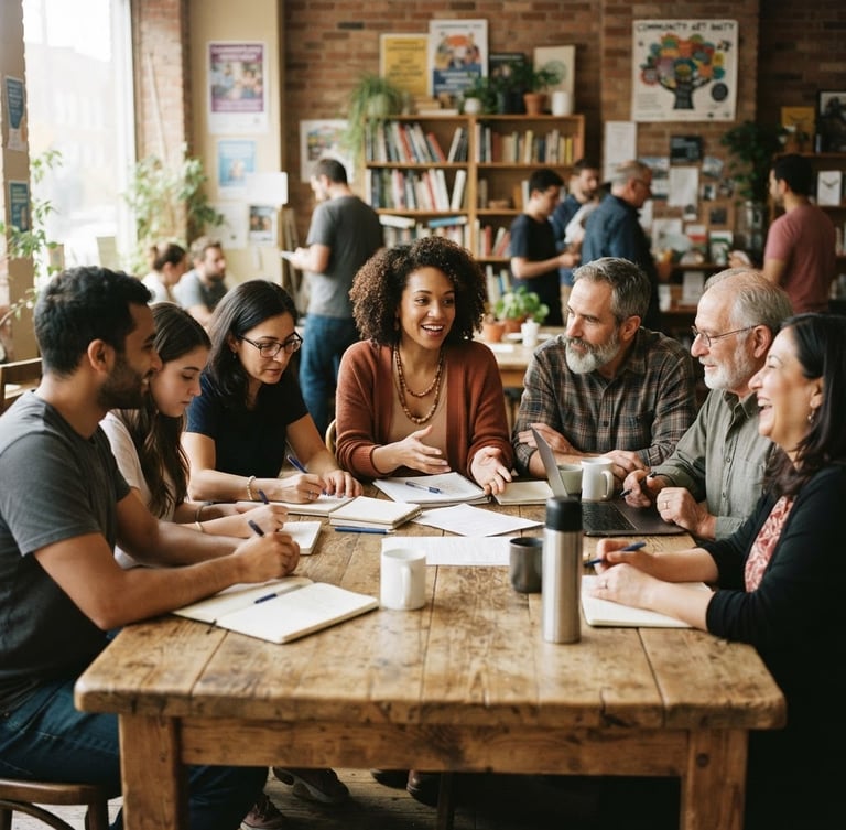 A wide, warm editorial photograph of community organizers meeting around a wooden table in soft natural daylight, rich organic tones, candid 35mm film aesthetic