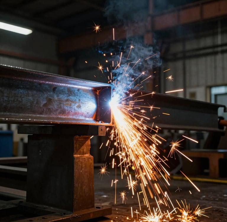 Side-angle view of a heavy steel structural beam being welded, bright orange sparks cascading down, dark industrial workshop background, high-contrast dramatic lighting.