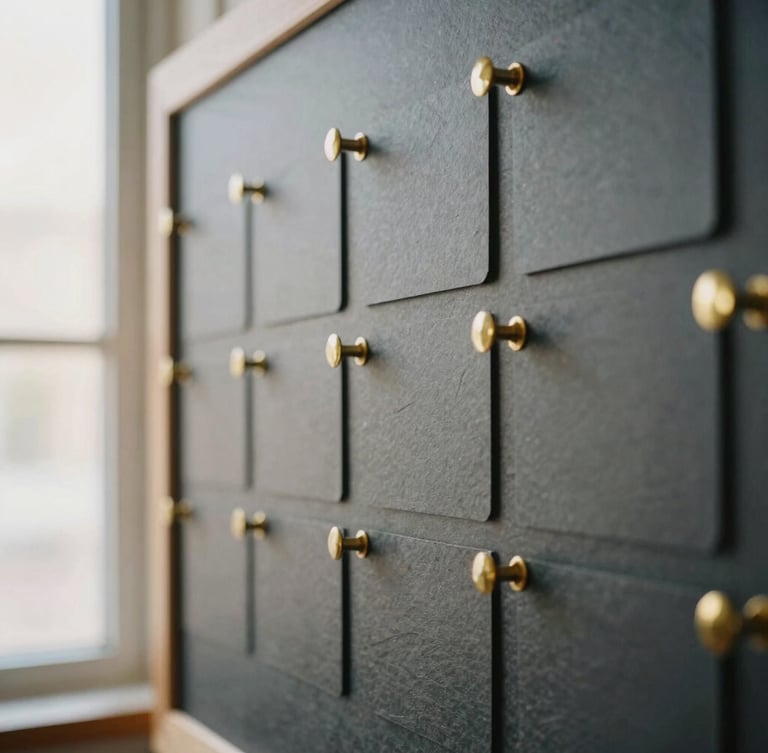 Architectural close-up of a physical planning board with brass pins and slate gray cards under soft natural window light, 35mm