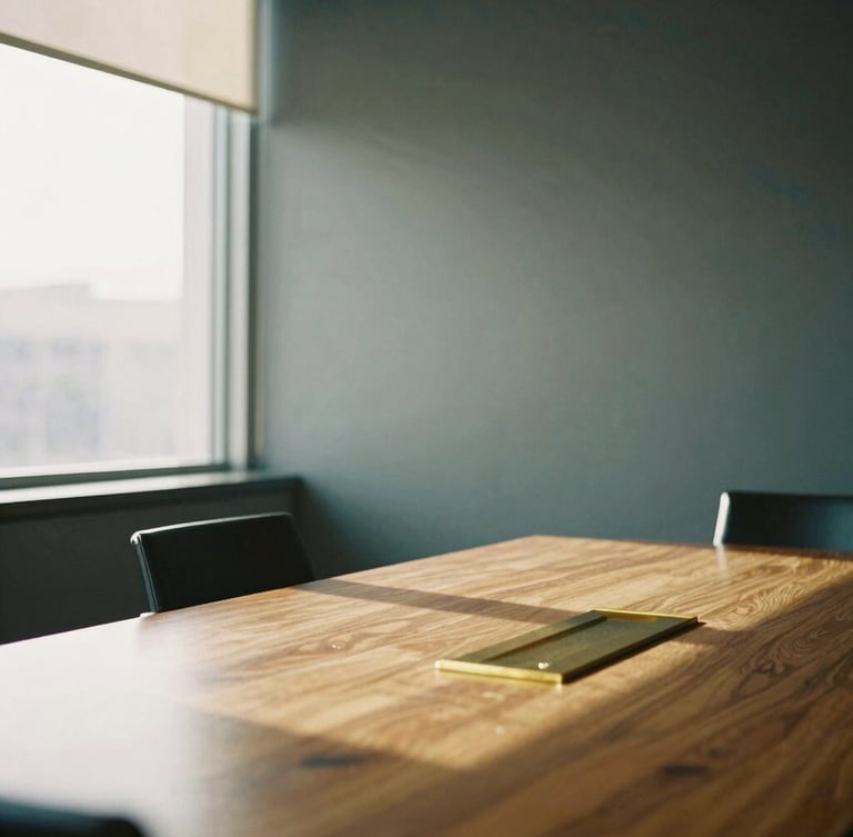 Architectural detail of a quiet corporate boardroom with soft natural window light casting warm shadows on a brass-accented table, 35mm photography