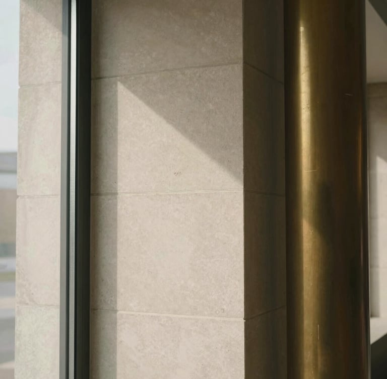 Tight abstract crop of a modern limestone architectural column, soft natural window light, warm shadows, 35mm