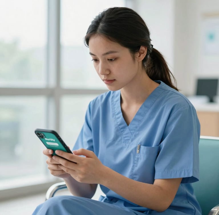Young female nurse in scrubs studying on a smartphone showing Nursity Concorsi app, sitting in a hospital breakroom, bright natural daylight, shallow depth of field, phone held in hands, teal and blue tones.