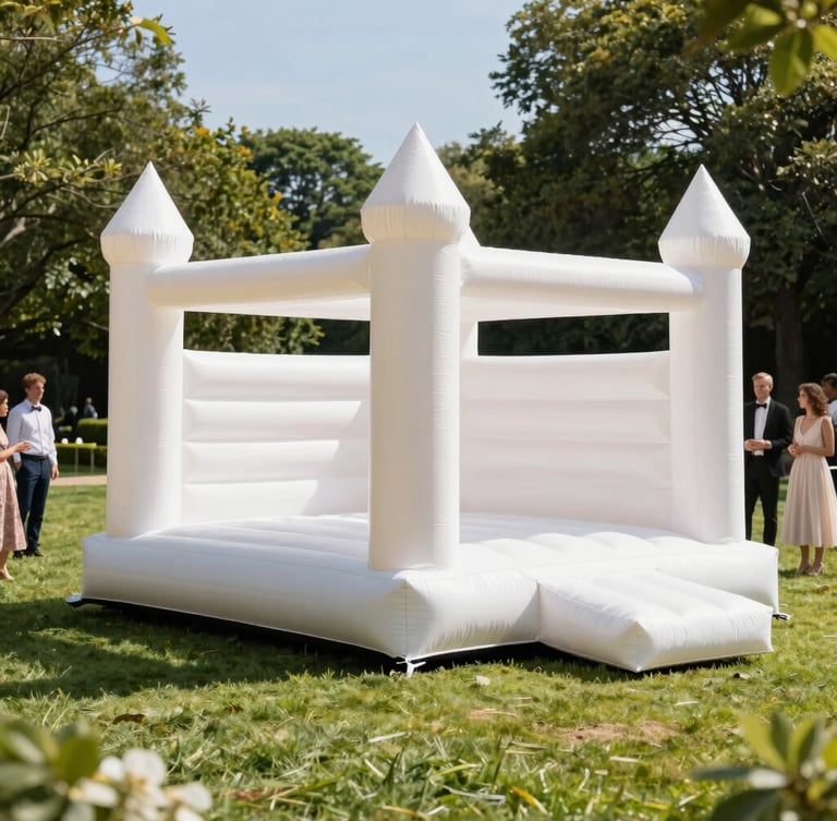 Bright outdoor photography, sunny daylight, a pristine white wedding inflatable castle on a lush green lawn, happy guests in elegant attire nearby, professional editorial style.