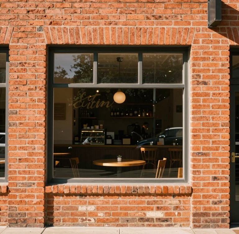 Warm environmental photograph of a local Austin cafe storefront, natural window light, terracotta brick facade, 35mm