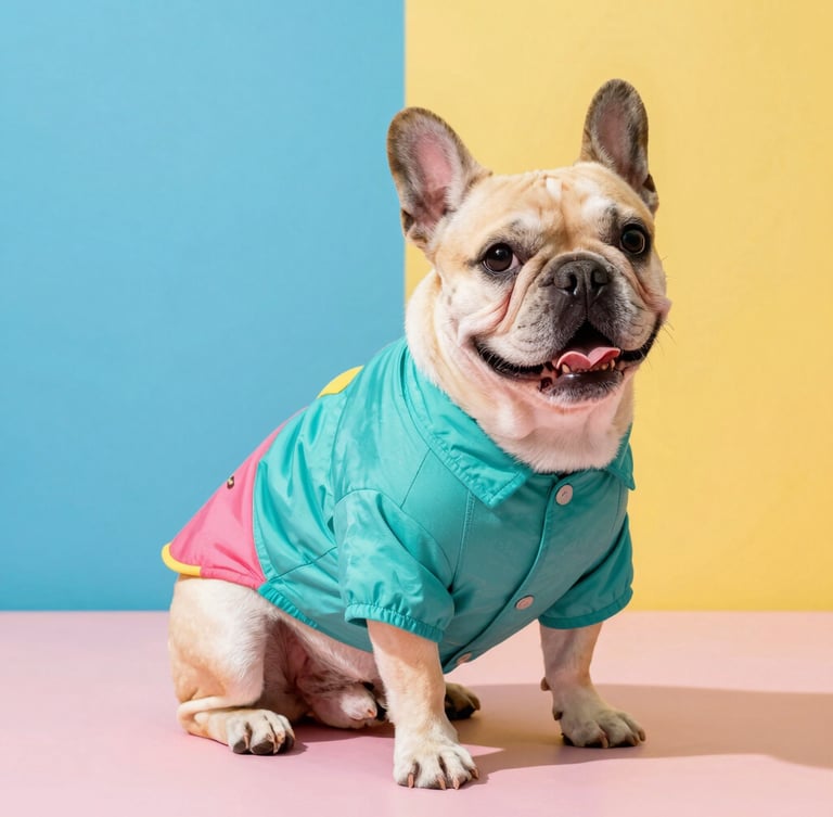 Vibrant studio pet photography, bright natural daylight, a happy French Bulldog wearing a colorful custom-tailored teal shirt, sitting proudly, sharp fabric details, 50mm