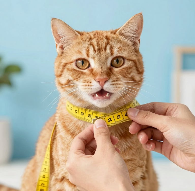 Close-up of hands gently measuring a happy ginger cat with a soft yellow measuring tape around its chest, bright natural light, clean background