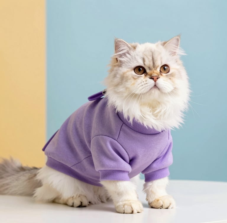 Vibrant studio pet photography, a fluffy Persian cat wearing a custom-fit mauve sweater, looking elegant, soft natural light, 50mm