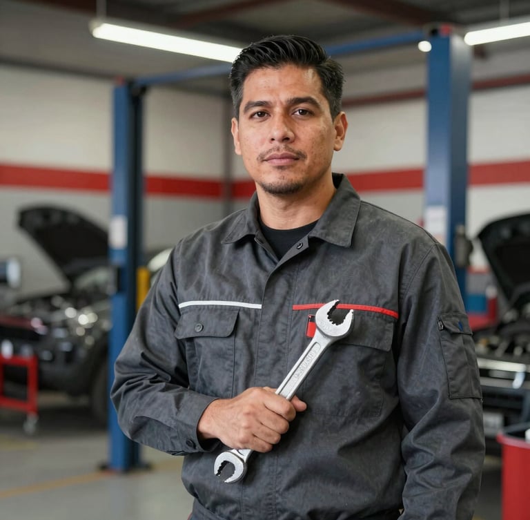 An environmental portrait of mechanic Johnrick Santos in a clean charcoal work shirt, standing confidently inside a well-lit modern automotive workshop in London Ontario, holding a wrench, shallow depth of field