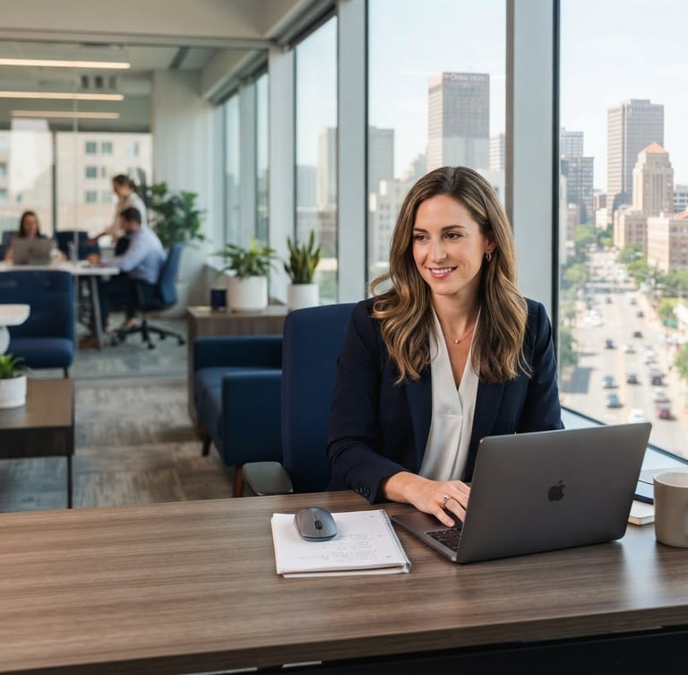 A bright, clean professional office setting in downtown Fort Worth, natural office daylight, clean slate and navy tones, shallow depth of field, 35mm