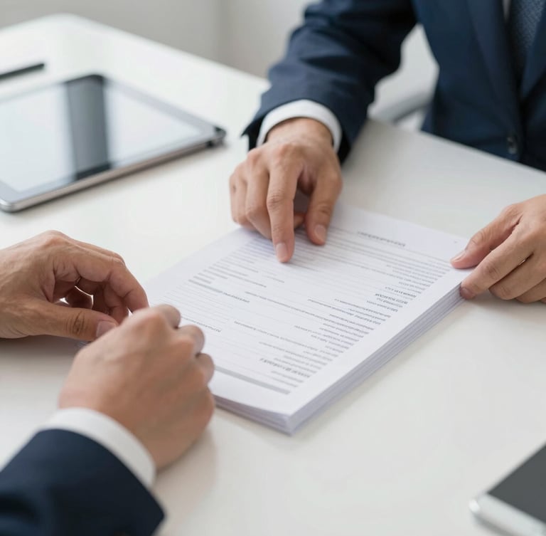 Close-up of professional hands organizing neat medical compliance paperwork on a clean slate desk, secure digital tablet visible, soft professional office lighting, 35mm