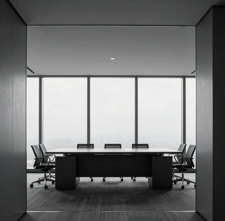 Minimalist corporate office interior with empty boardrooms, natural light pouring through large windows, cool steel tones