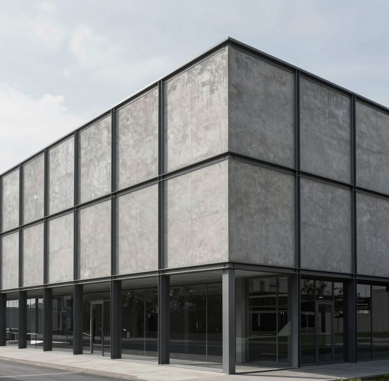 Wide architectural crop of a modern concrete office facade, cool soft overcast daylight, sharp structural shadows, minimalist steel framing, 35mm lens.