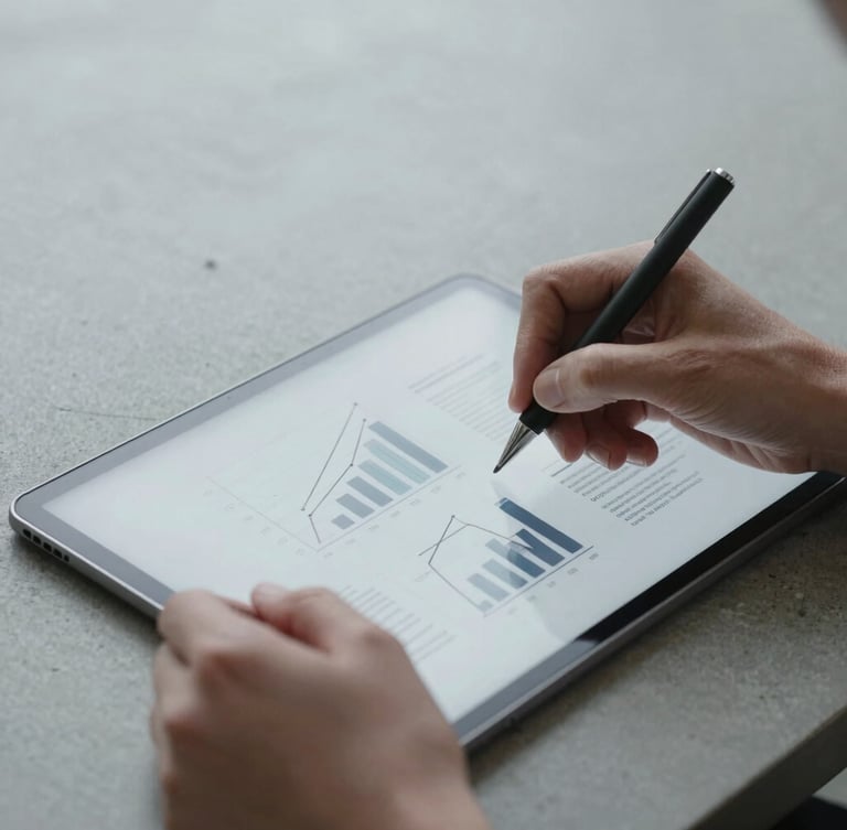 Extreme close-up of hands writing structured business diagrams on a tablet, minimalist concrete desk, cool overcast natural light, desaturated tones.