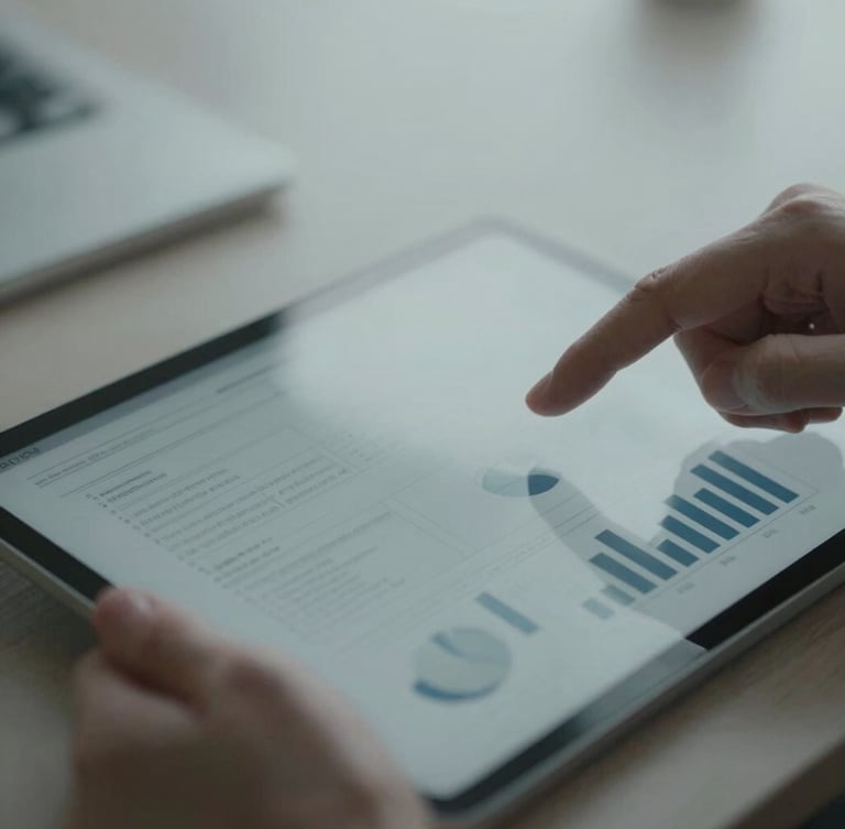 Extreme close-up of hands reviewing a structured business diagram on a tablet, cool soft overcast daylight, desaturated slate and steel tones, 35mm lens