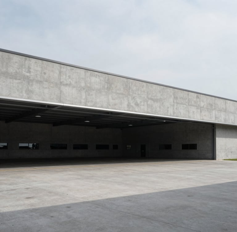 Wide architectural shot of a modern concrete logistics terminal, sharp shadows, cool overcast daylight, minimalist composition