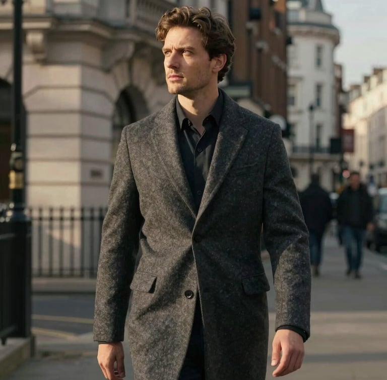Candid portrait of a modern man in a charcoal wool overcoat walking down a London street, soft cinematic golden hour light, architectural shadows, medium close-up.