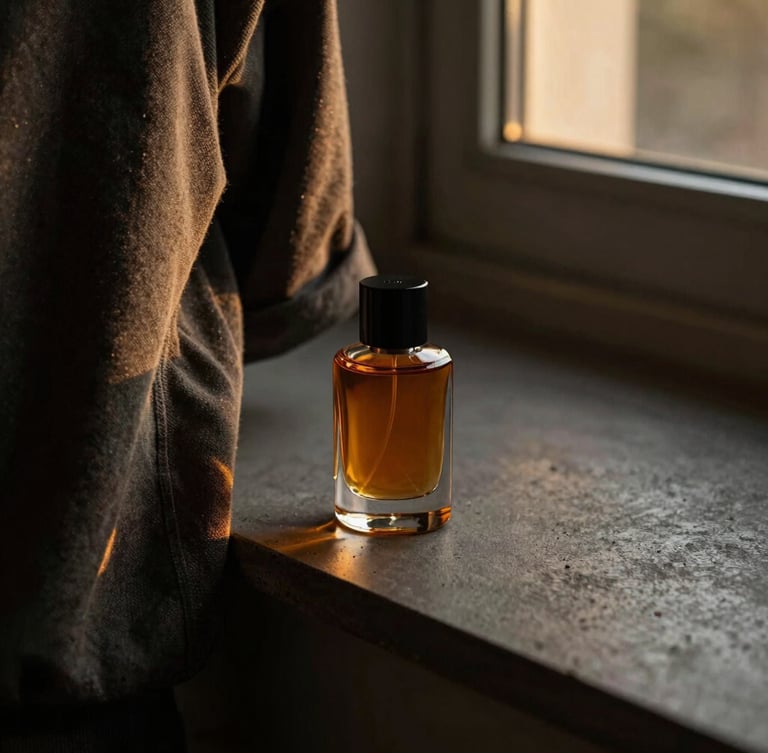 Close-up of textured streetwear fabric and a premium amber-toned fragrance bottle resting on a dark minimalist concrete surface, warm golden-hour side lighting, moody editorial style, 35mm.
