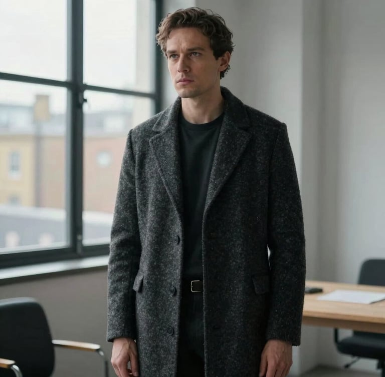 Cinematic portrait of a well-dressed male creator in a minimalist London loft studio, soft overcast window light, wearing a textured charcoal wool overcoat, looking thoughtfully off-camera, medium shot.