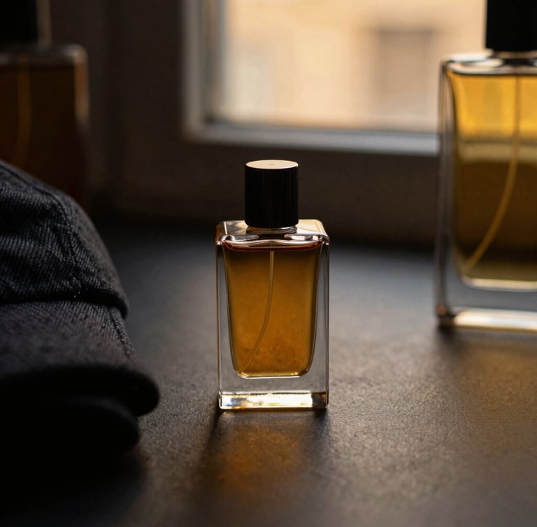 Macro close-up of premium amber-toned fragrance bottles and textured streetwear fabrics on a dark minimalist surface, warm golden-hour window light, shallow depth of field