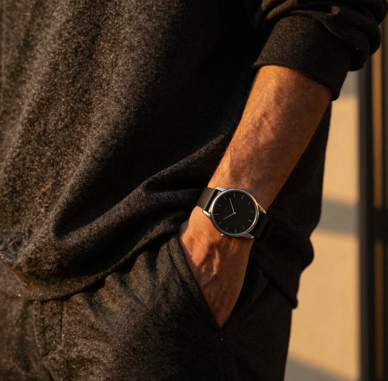 Close-up of textured charcoal streetwear fabric and a luxury minimalist watch on a male model's wrist, warm golden-hour side lighting, moody editorial style