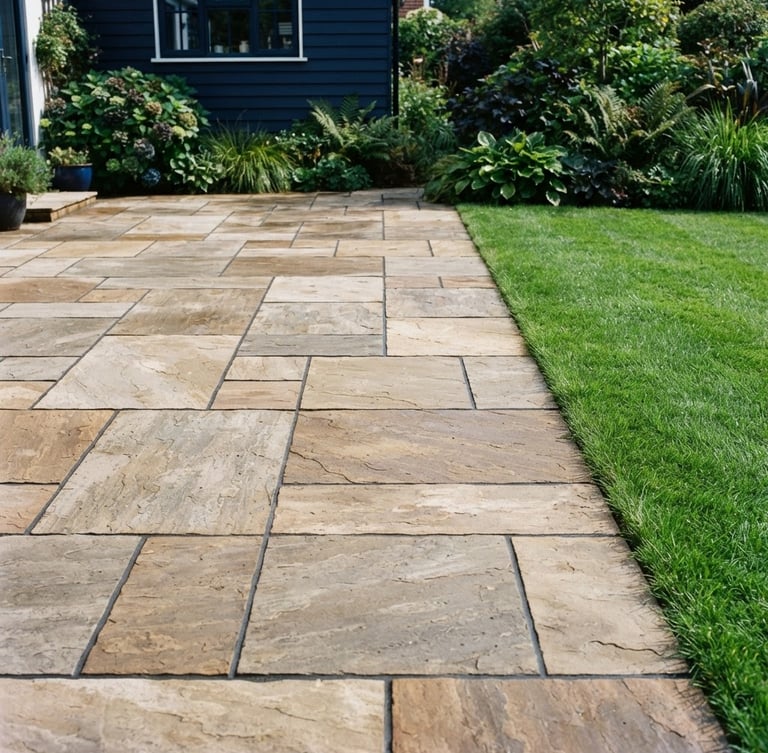 Straight-on medium shot of a freshly laid sandstone patio, crisp mortar lines, vibrant green lawn border, bright natural daylight, 35mm