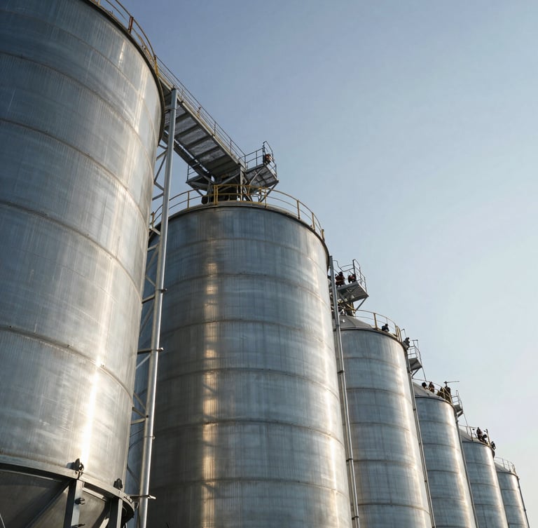 Extreme low-angle shot looking up at a massive agricultural silo and steel structural rigging, crisp high-contrast morning light reflecting off cold steel, industrial workers in full safety harness visible, clear sky background.