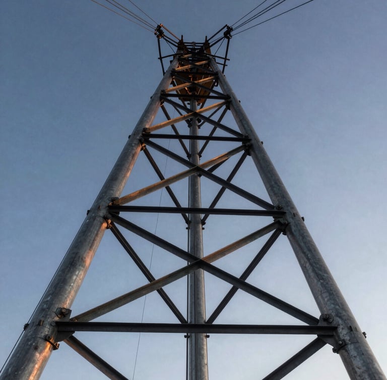 Extreme low-angle shot looking up at a massive steel structural skeleton against a cold blue morning sky, high-altitude rigging cables visible, crisp lighting reflecting off metallic joins.