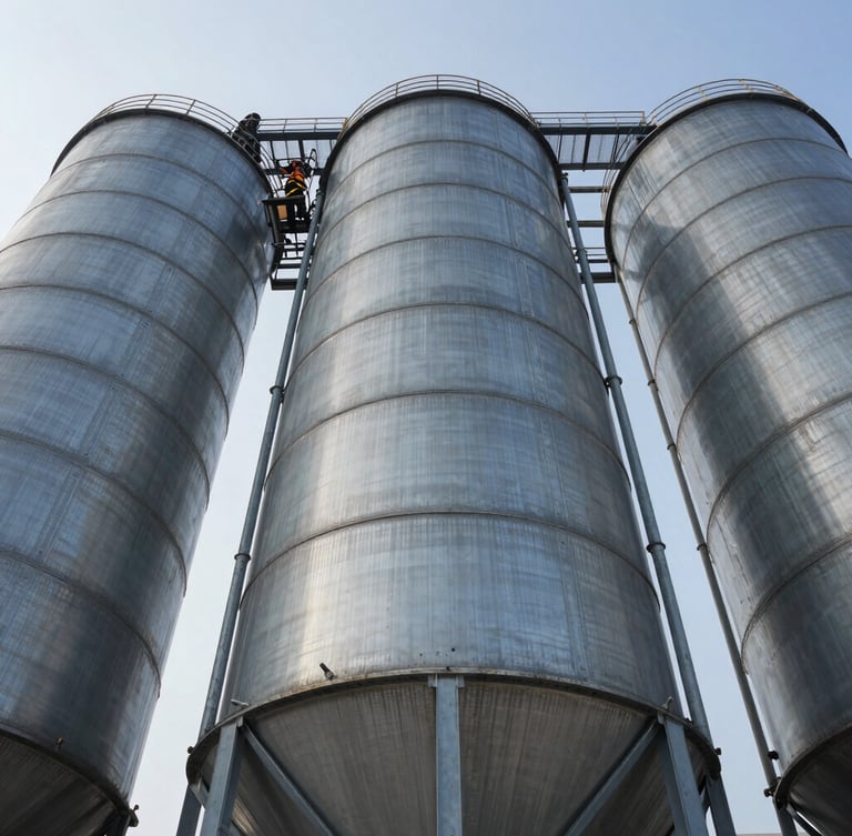Extreme low-angle shot looking up at a massive steel silo structure against a clear sky, workers in full safety harness gear visible on the rigging, crisp daylight.