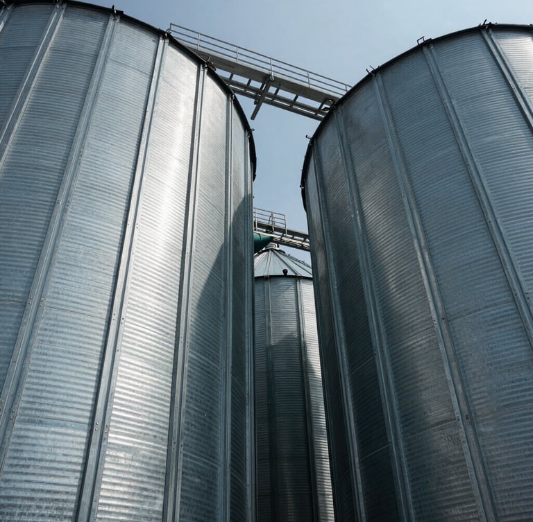 Low-angle shot looking up at massive agricultural silos made of galvanized steel, cold daylight, sharp structural lines, deep shadows.