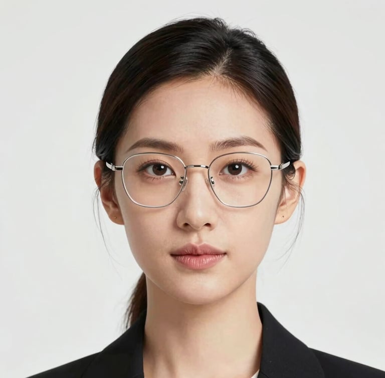 Close-up professional portrait of a confident female astrologer with modern glasses, bright high-key studio lighting, neutral background, sharp focus, modern editorial style