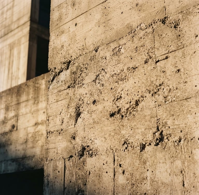 Architectural editorial photography, close-up of concrete structure showing raw texture, dramatic afternoon light casting long shadows, warm beige tones, 35mm lens