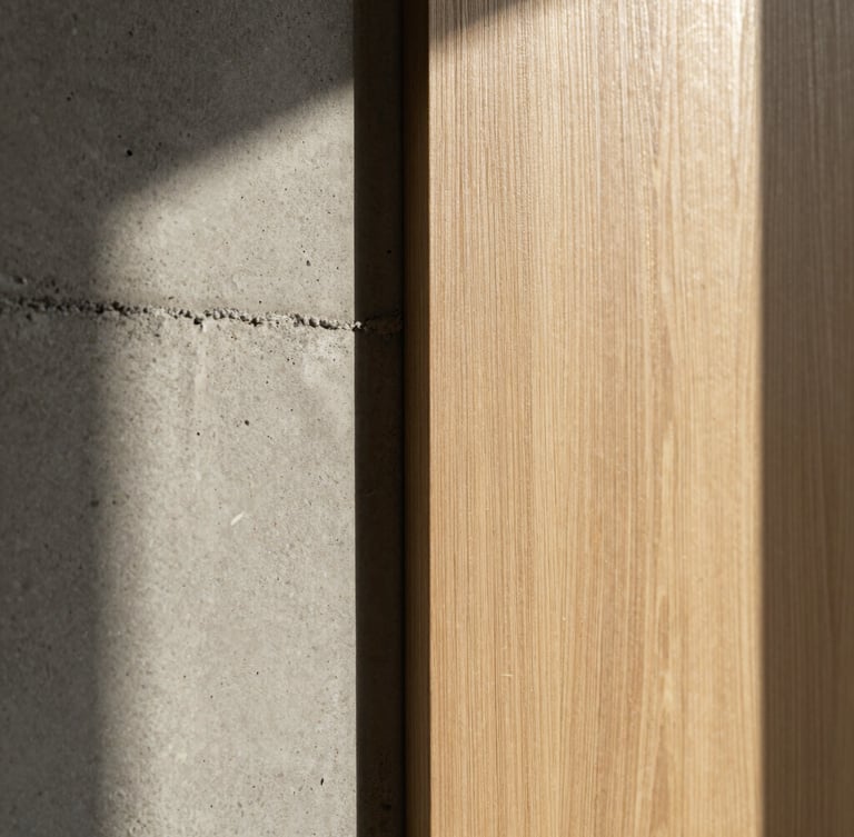 Close-up of premium materials, raw concrete meets a warm sand-colored oak panel, soft natural side-light, architectural details, elegant shadows