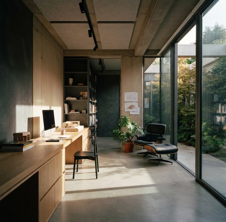 Architectural editorial photography of a modern concrete and glass studio interior, dramatic natural side-light, deep shadows, warm beige and charcoal tones, 35mm lens