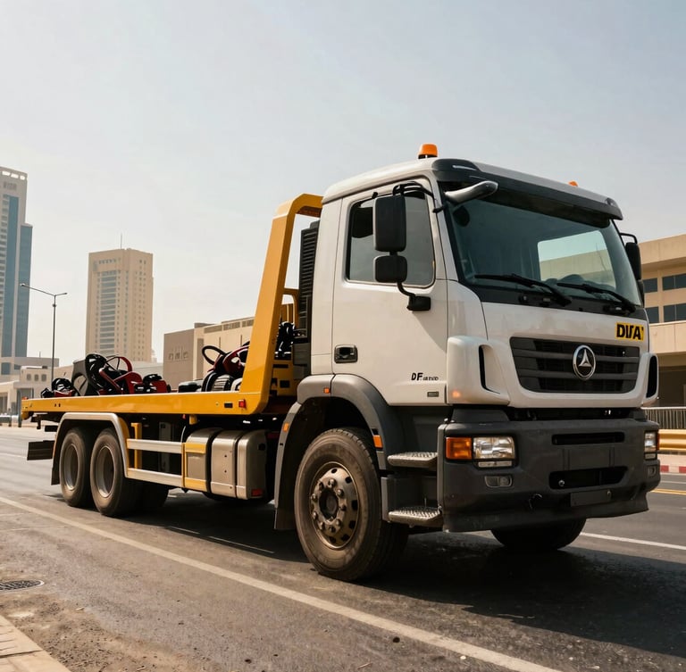 Dynamic low-angle shot of a heavy-duty flatbed tow truck parked in DIFC Dubai under high-contrast midday sun, intense amber and metallic tones, gritty realism, wide-angle lens
