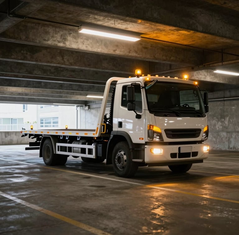 A low-profile flatbed tow truck maneuvering inside a concrete underground parking garage with low clearance, amber warning lights flashing, industrial setting.