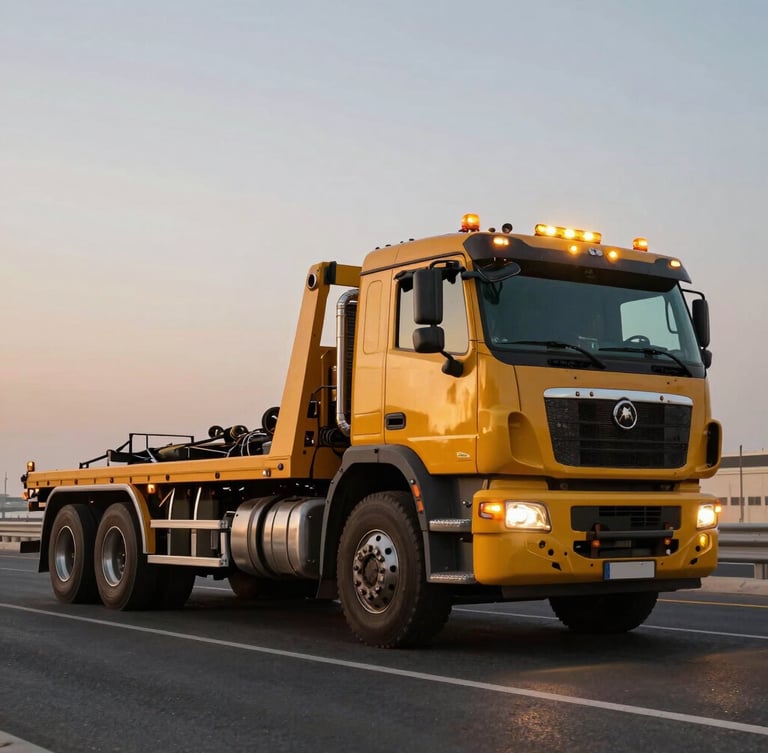 Low-angle dynamic shot of a massive heavy-duty flatbed tow truck with amber strobe lights on, parked on a Dubai highway shoulder at dusk, metallic industrial details.