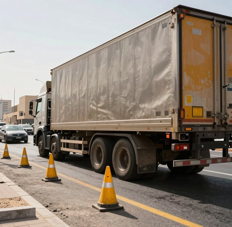 Action shot of a heavy-duty tow truck securing a large commercial truck on a busy Dubai road, high-contrast midday sun, safety yellow warning panels visible.